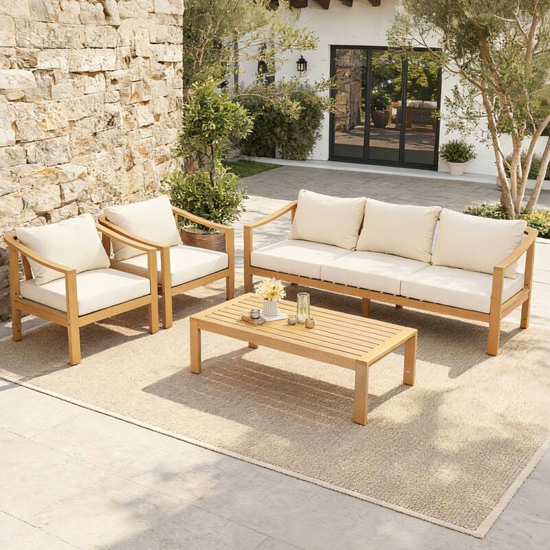 Christopher Knight Home - Elva 5-Piece Outdoor Acacia Wood Patio Conversation Set with Slatted Coffee Table & Cushions - 4-Piece Set - Light Teak Finish+Cream