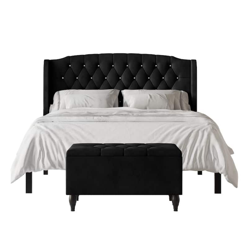 CraftPorch 2 Piece Bedroom Bench Set Velvet Wingback Upholstered Bed - Black - Twin