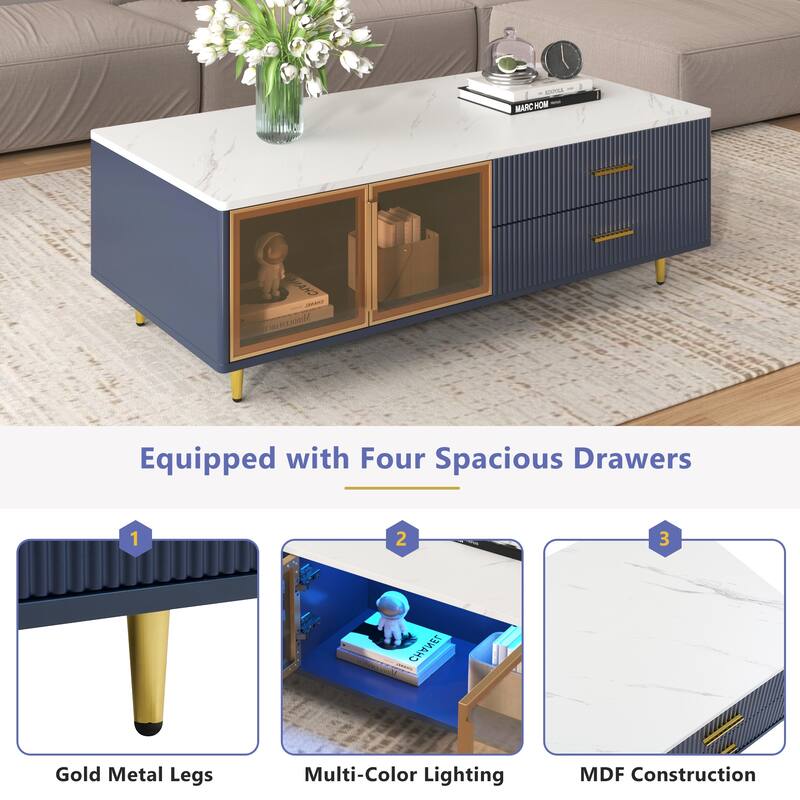 47.2" Modern Coffee Table with 2 Glass Door, 4 Drawers and Multi-Color Lighting