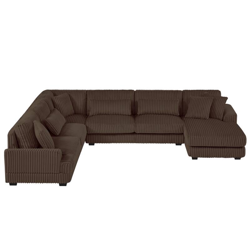U-Shaped Sectional Sofa with Chaise Lounge, Oversized Corduroy Upholstered Sofa, 5 Seater Sofa with Removable Throw Pillows