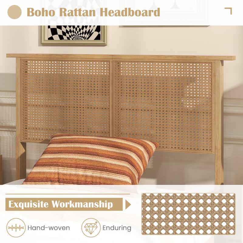 Gymax Twin/Full/Queen Size Bed Frame w/ Rattan Headboard 10 Solid Wood