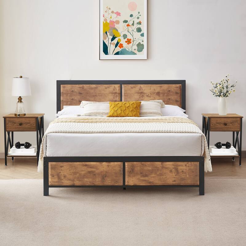 VECELO 3-Pieces Bedroom Sets, Platform Bed with Headboard and Set of 2 Nightstands - Brown - Queen