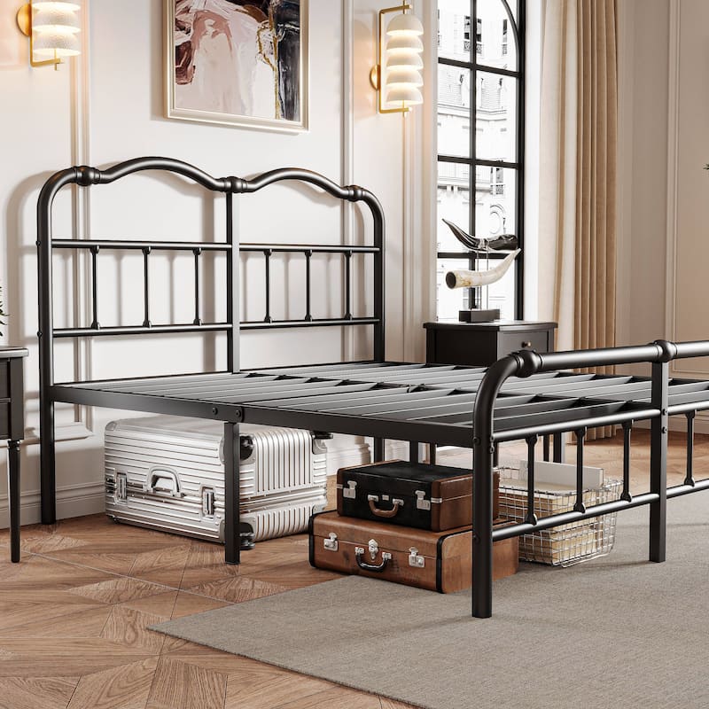 Heavy-Duty Anti-Wobble 14 Inch Bed Frame With Wavy Art Headboard, No Needed Box Spring