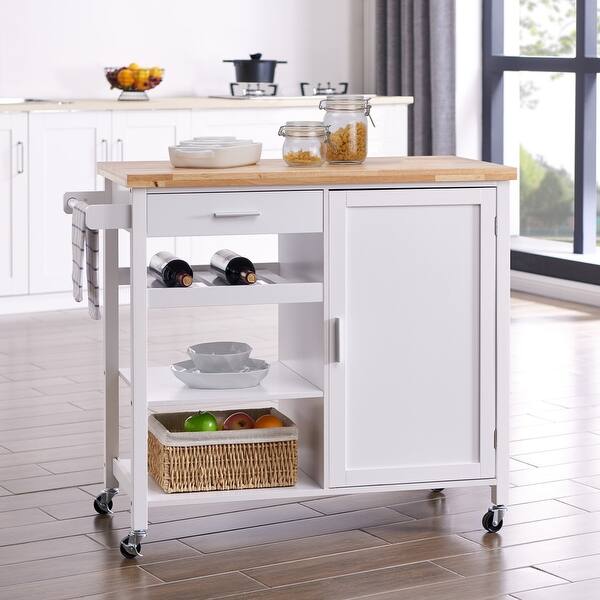 Belleze Rolling Kitchen Buffet Cart Wood Utility Storage Island Cart With Wood Top White Standard Overstock 26413287