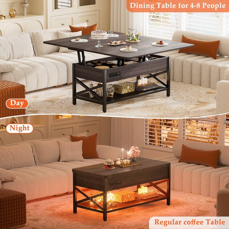 Americana Lift Top Multi-Function Coffee Table Converts to Dining Table with LED Light and Power Outlet