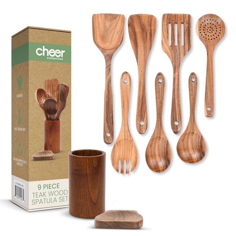Cheer Collection 9 Piece Wooden Utensil Set with Holder and Spoon Rest