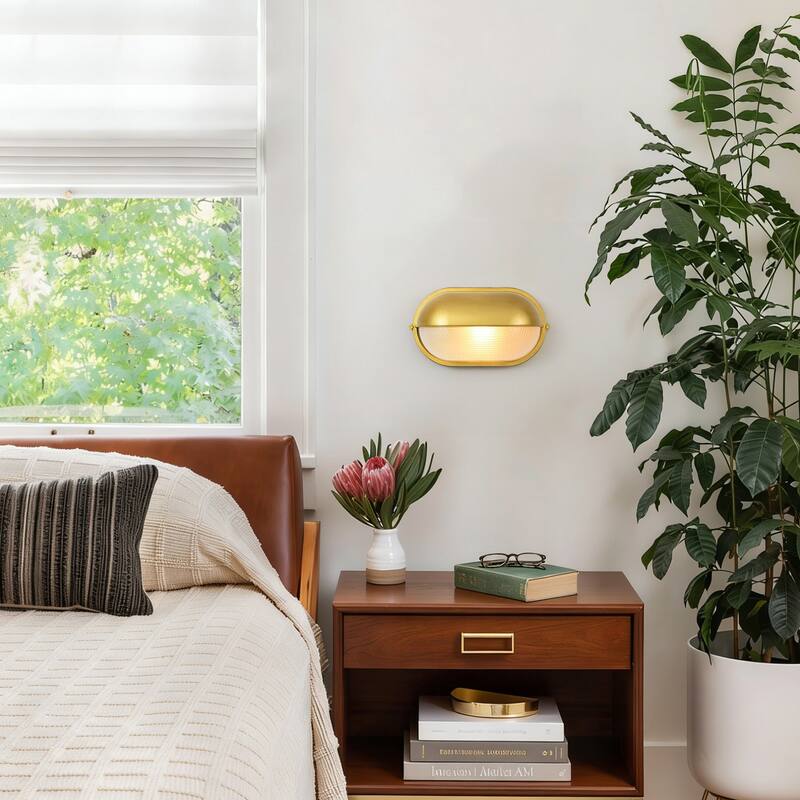 11"W 1-Light Retro 40W Oval Painted Gold Finish Wall Sconce with Clear Rippled Glass - 11.0 in. W x 6.3 in. H x 4.7 in. D