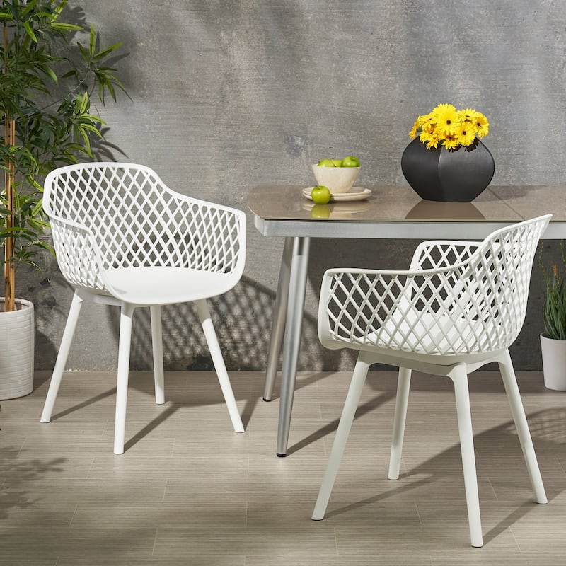 Roomfitters Contemporary Outdoor Armchairs with Diamond Cutout Design and Curved Seat, Stackable Seating Set of 2