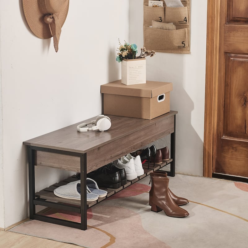 CO-Z Lift-Top Entryway Shoe Storage Bench with Shelf - Grey