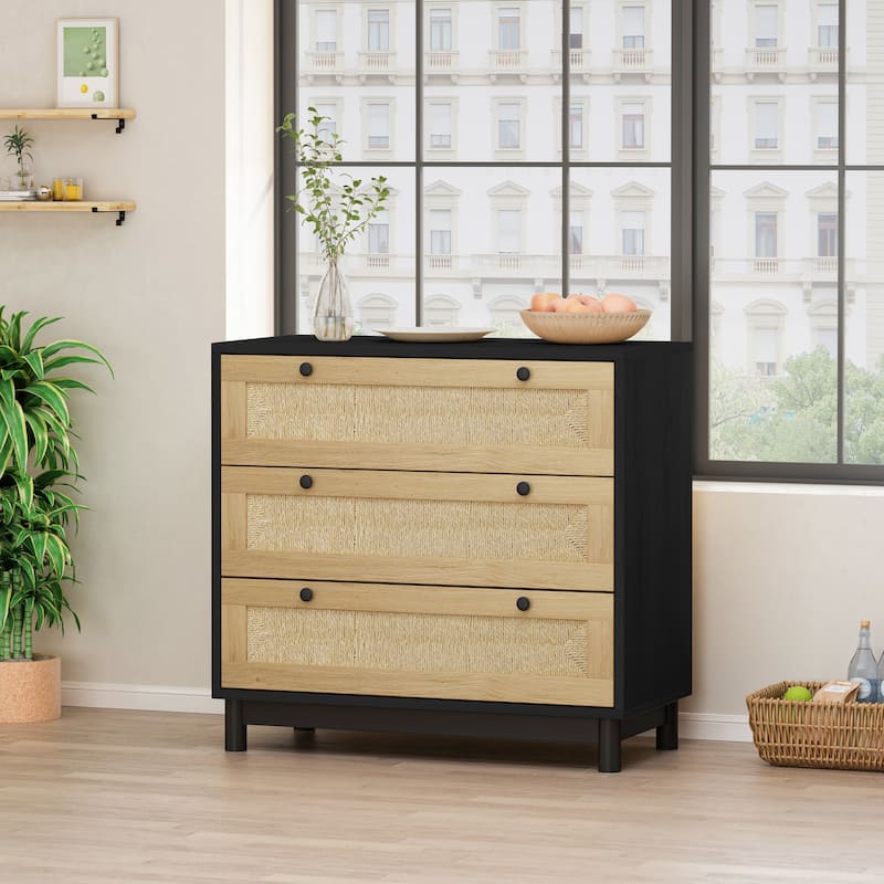 30.31" 3-Drawers Storage Cabinet with Rope Woven Drawer - Black