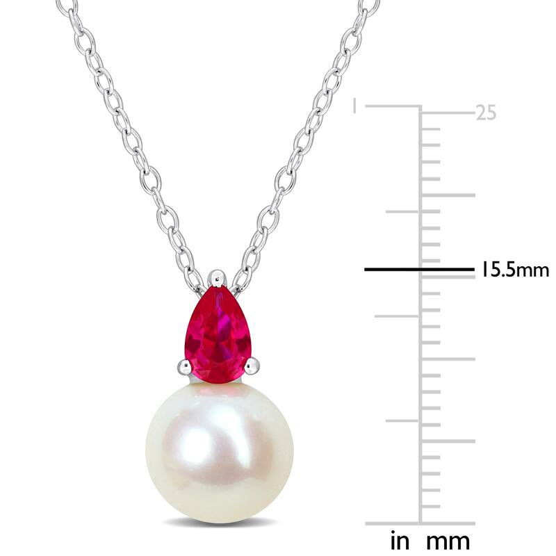 Miadora 3/5ct TGW Created Ruby and 8.5-9mm Cultured Freshwater Pearl Pendant with Chain Silver - 15.5 mm x 8.7 mm