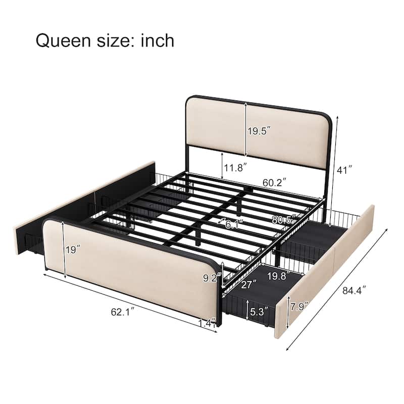 Modern Queen Size Metal Storage Bed Frame w/ Curved Upholstered Headboard and Footboard Bed & 4 Storage Drawers, Beige
