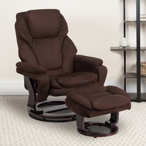 Contemporary Recliner and Ottoman with Swiveling Mahogany Wood Base