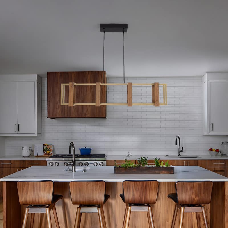 40 in. LED Rectangular Wood Chandelier, Modern Pendant Light Fixture, Dimmable Kitchen Chandeliers for Dinning Room