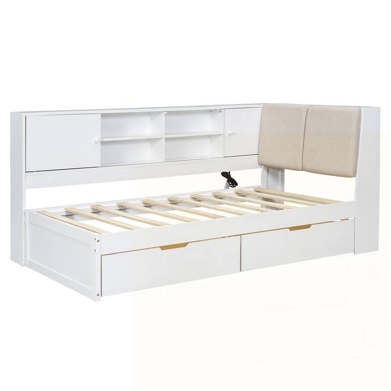 L-shaped Daybed Corner Bed with Storage Bookcase and USB Charging Ports