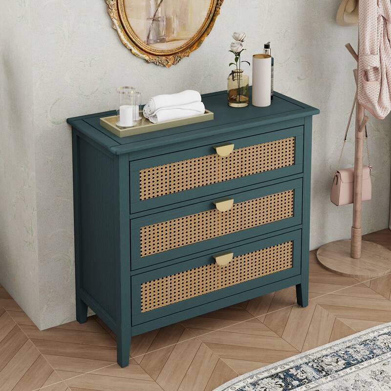 Rattan Storage Cabinet with Wood Grain Finish & Semi-Circle Metal Handles, Accent Cabinet with Anti-Slip Foot Pads