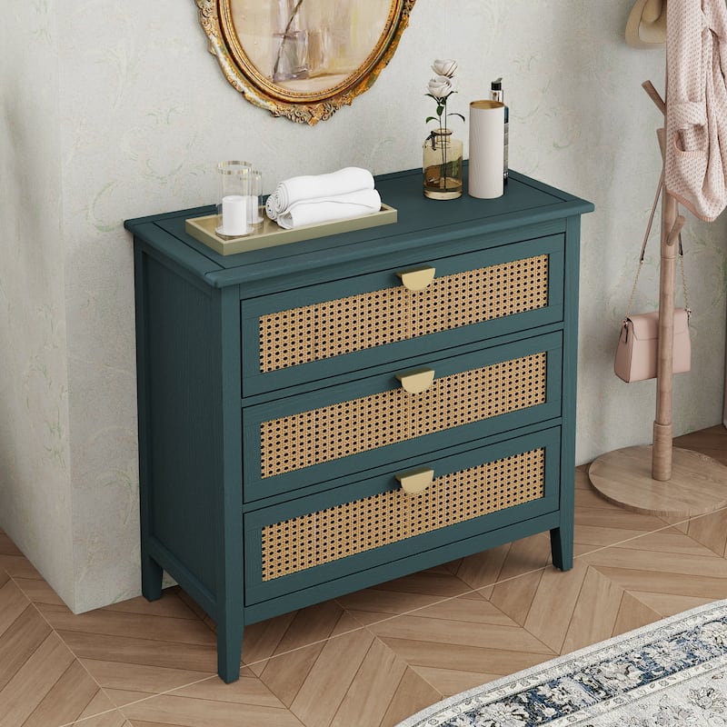 Roomfitters 3 Drawer Cabinet, Rattan Storage Dresser Chest for Bedroom, Living Room