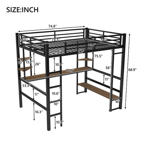 Metal&MDF Bed Full Size Loft with Long Desk and Shelves