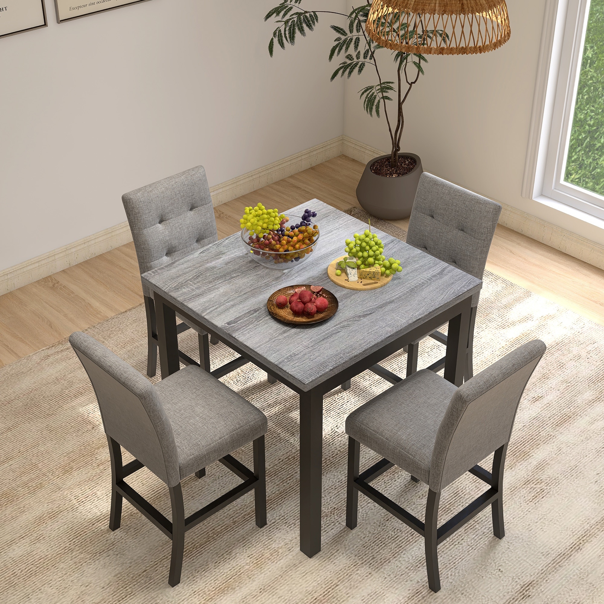 5-Piece Counter Height Dining Set Wood Square Dining Room Table