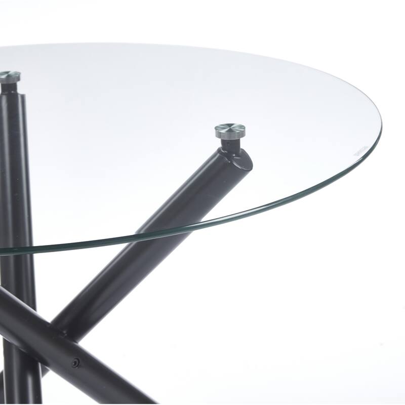 Round Glass Dining Table for 2-4 People, Kitchen Table with Glass Top & Metal Legs, Modern Compact Circle Side Desk - Black