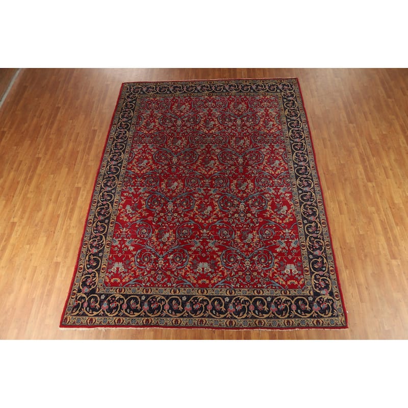 Hand Knotted Oriental 100% Wool Carpet Traditional All-Over Red Kerman Area Rug - 12' 2'' X 9' 2''