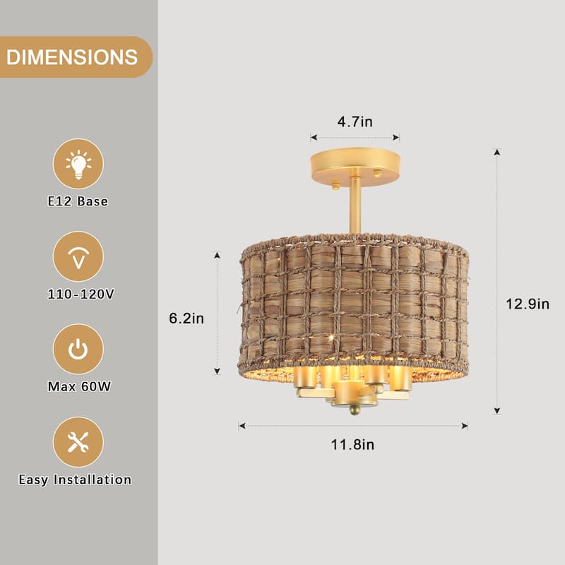 4-Light Classic Candlestick Hanging Semi Flush Mount Ceiling Lighting Chandelier with Rattan Shade for Dining Room