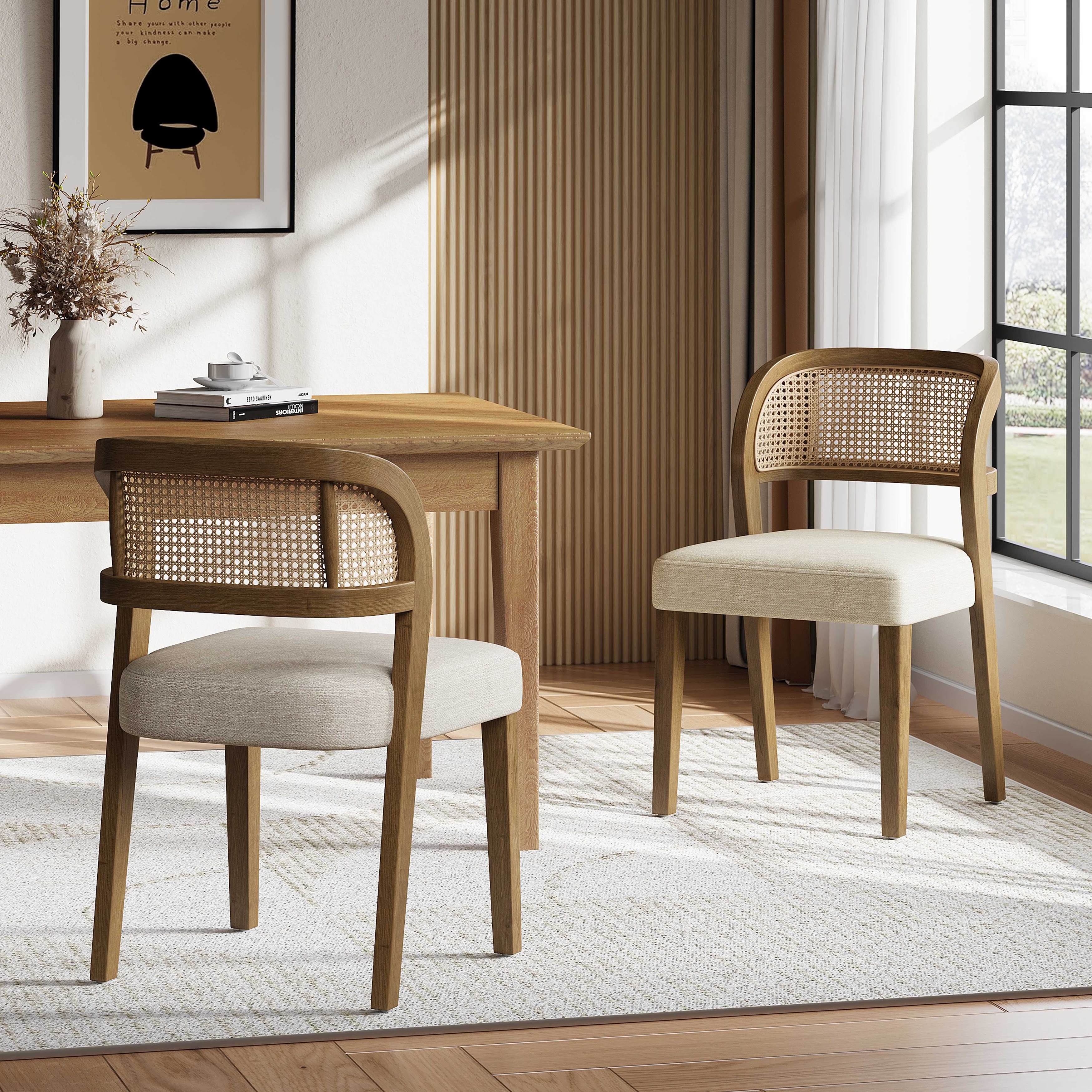 Christopher Knight Home – Minimalist 19.25" W Wood Dining Chairs Set with Natural Rattan Cane Curved Backrest & Upholstered Seat