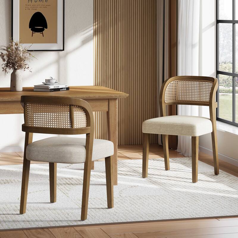 Christopher Knight Home – Minimalist 19.25" W Wood Dining Chairs Set with Natural Rattan Cane Curved Backrest & Upholstered Seat - Set of 2 - Beige+Walnut