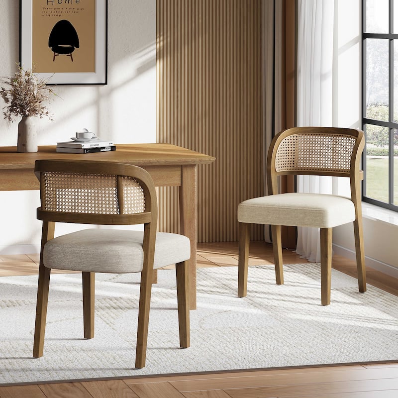 Christopher Knight Home - Minimalist 19.25"W Wood Dining Chairs Set with Hand-Woven Curved Backrest & Upholstered Seat - Set of 2 - Beige+Walnut