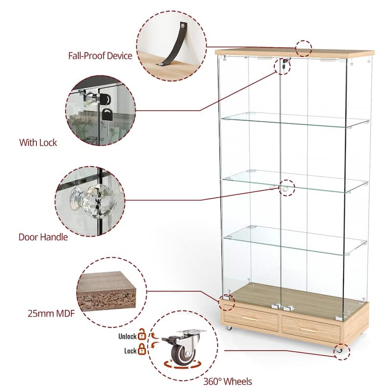 65.9" Modern Glass Display Cabinet with LED Lights, 2 Lockable Drawers & 4 Shelves, Curio Storage Case