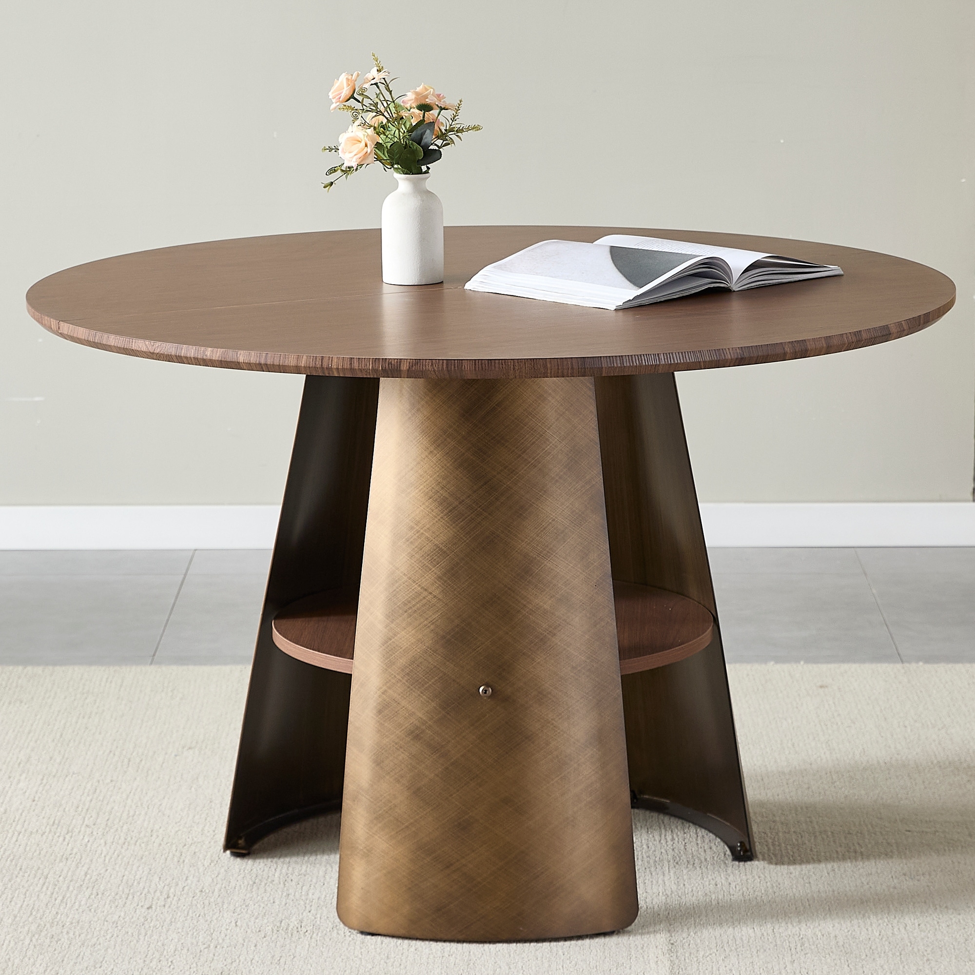 47.25 Inch Round Dining Table, Retro Style, Brushed Texture, MDF Top, Metal Frame, Seats 4-6