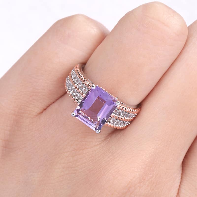 Miadora 2-Tone White & Rose Plated Sterling Silver Octagon Amethyst & White Topaz Cocktail Ring