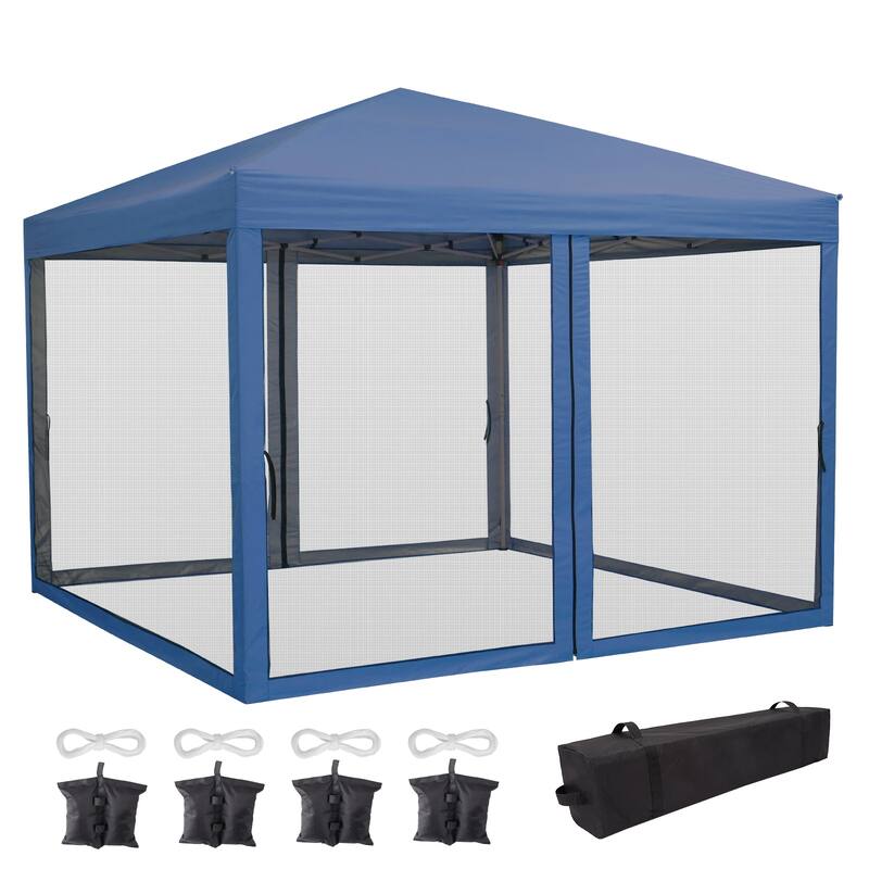10x10 FT Pop Up Canopy Tent with Mosquito Netting, Adjustable Height, Portable Sun Shelter with Wheeled Bag - Navy Blue