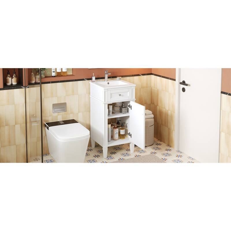 16" Bathroom Vanity with Ceramic Sink, Freestanding Single Vanity Set with Soft Closing Door, Adjustable Shelf, French Style