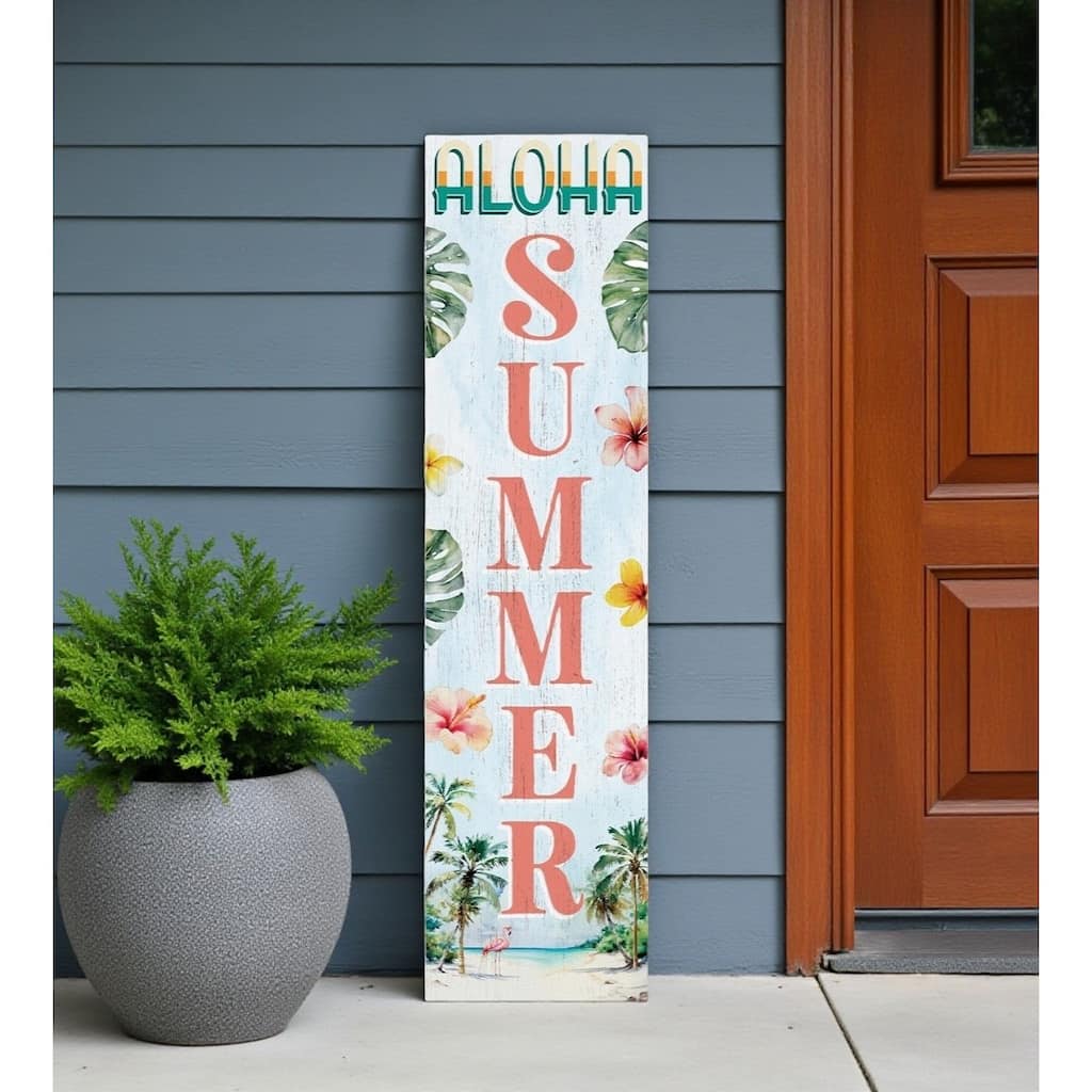 HomeRoots 36" Blue And Pink Solid Wood Tropical Floral Aloha Summer Porch Sign