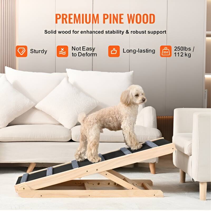 Natural-Black Wood Dog Ramp with 6-Level Adjustable Height - 41.33” L x 15.7” W x 25.59” H