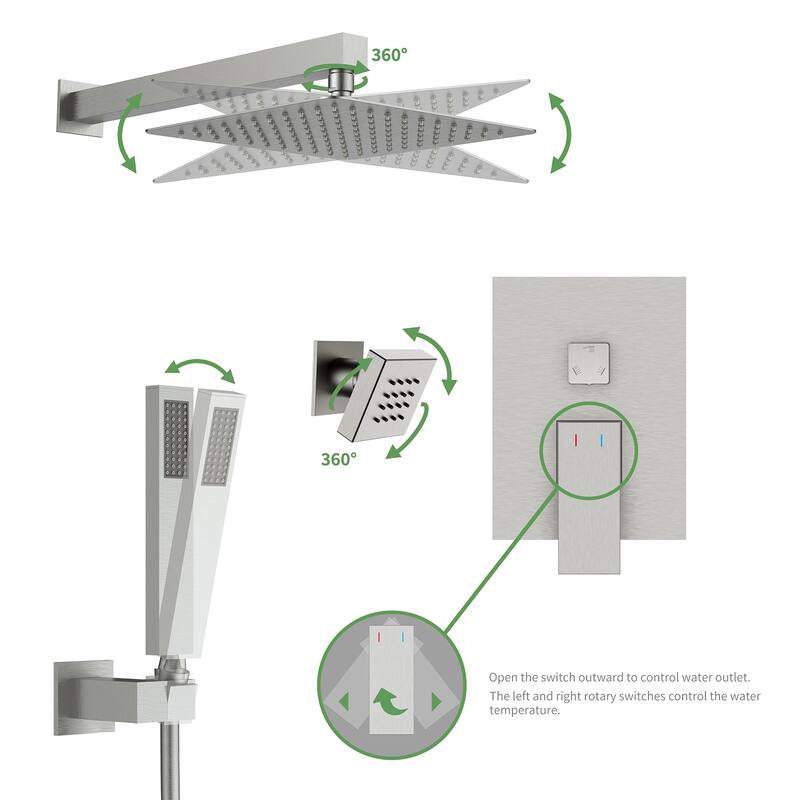 12" Wall Mount Rainfall 3 Way Thermostatic Faucet Shower System with Slide Bar, 6 Jets