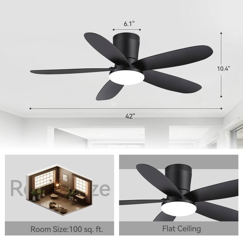 42-inch ABS 5-Blade Flush Mount Ceiling Fan with Dimmable LED Light and Remote