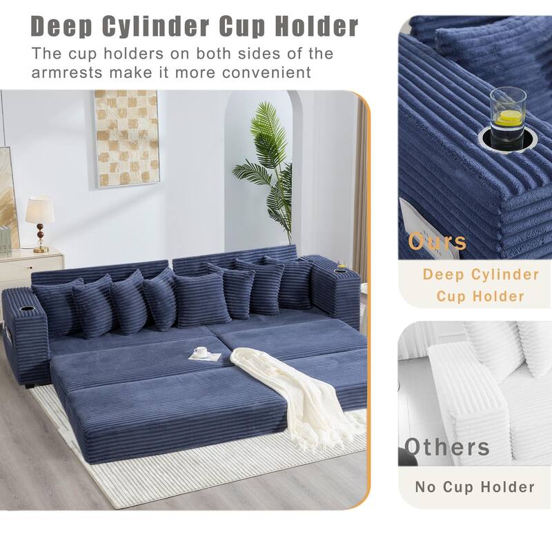 110.75" Corduroy Sectional Sofa, Convertible Sleeper Sofa Bed L-Shaped Upholstered Couch with Removable Footstool, Cup Holder