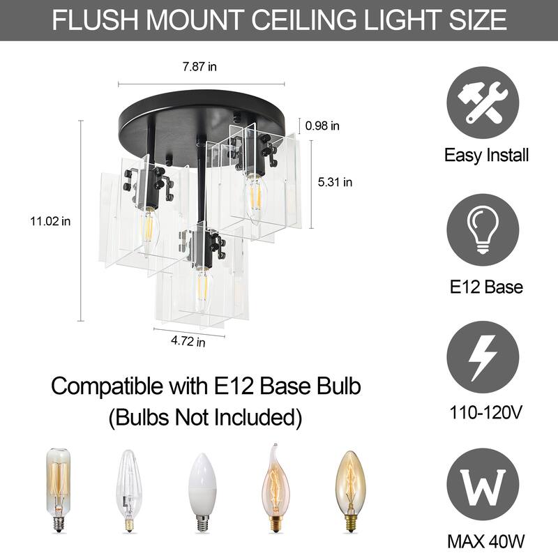 3 - Light Black Flush Mount Ceiling Light with Clear Square Shades - Matte Black