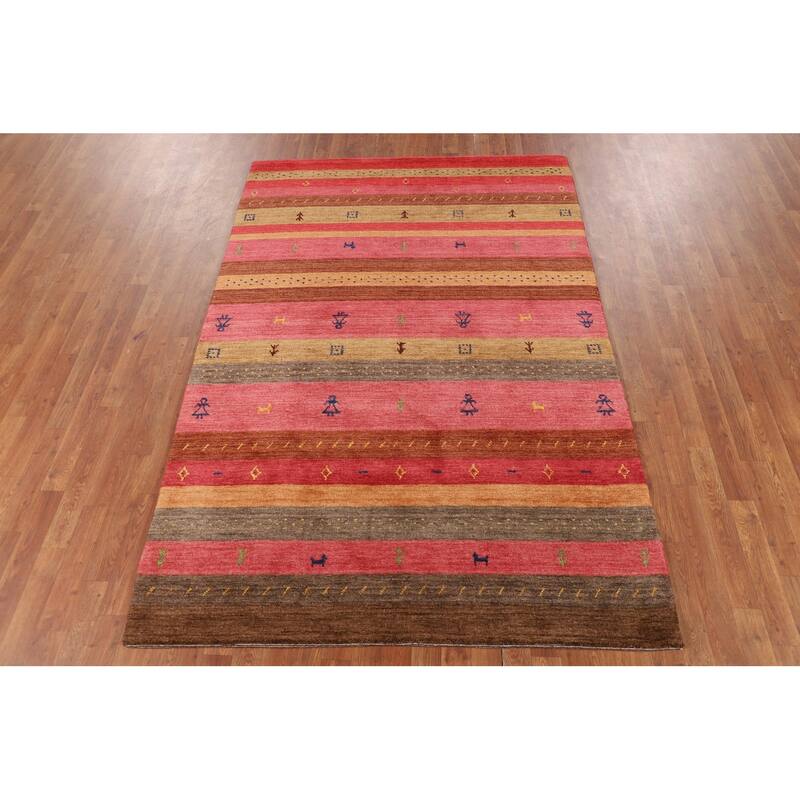 Little Animals Striped Gabbeh Indian Area Rug Hand-Knotted Wool Carpet - 5'3"x 7'10"