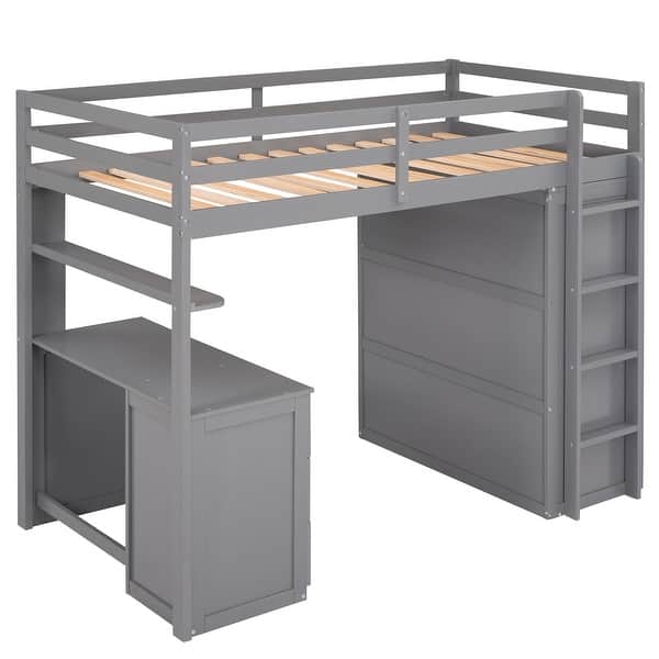 slide 2 of 55, Muti-Functional Twin Size Loft Bed with Desk and Wardrobe, Solid Guardrails and Ladder Gray