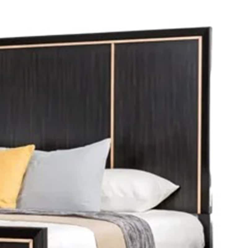 Yada Queen Bed w Gold Trim Accents, Tapered Legs, Espresso Brown Wood