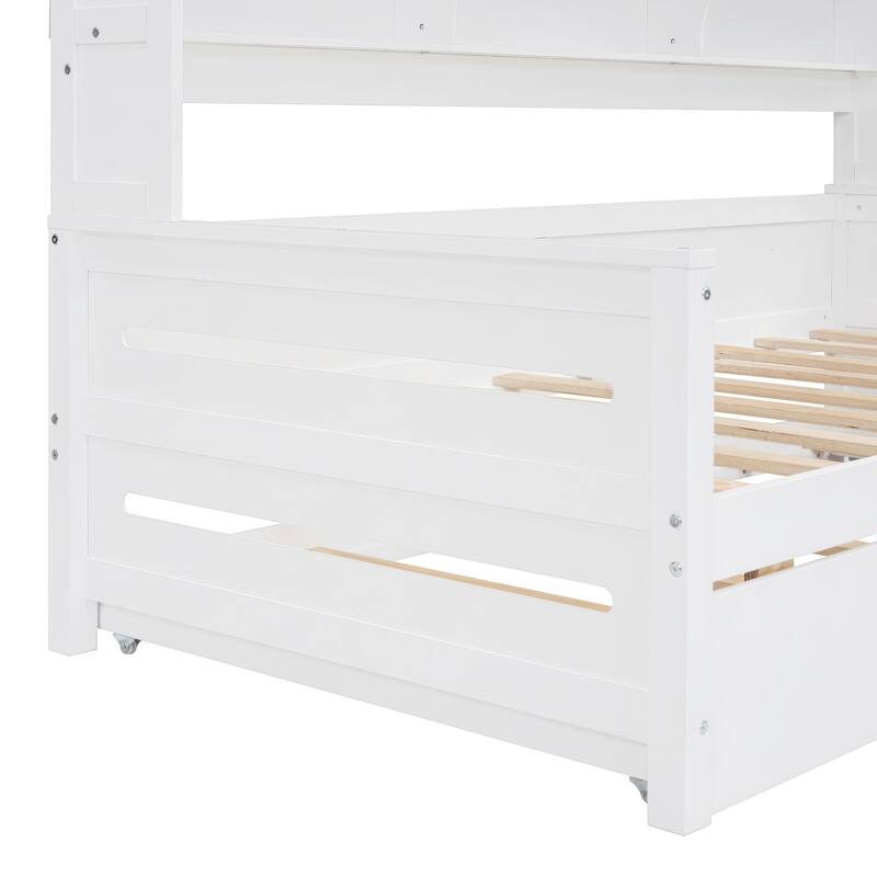 Full Size Wood Daybed with Built-in Storage Cabinet, Open Shelves & Twin Trundle Bed, Space-Saving Multi-Functional Frame