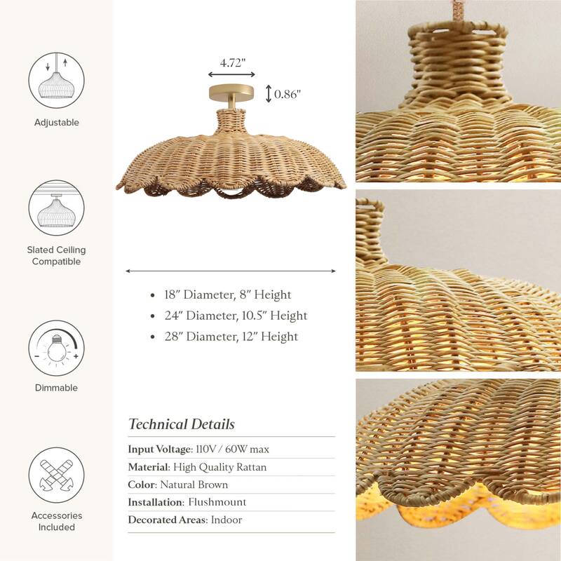 Aurelia Rattan Flush Mount - Rattan Natural 1-Light Handwoven Ceiling Light for Dining Room or Living Room in Modern, Boho Style