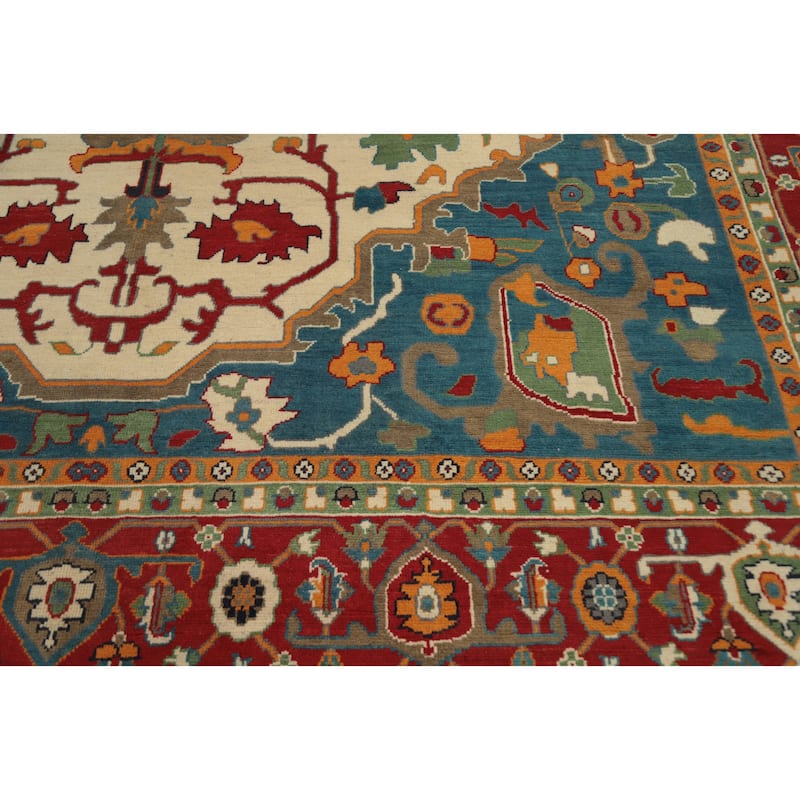 Hand Knotted Oriental 100% Wool Carpet Traditional Medallion Beige & Ivories Heriz (serapi) Area Rug - 13' 10'' X 9' 7''