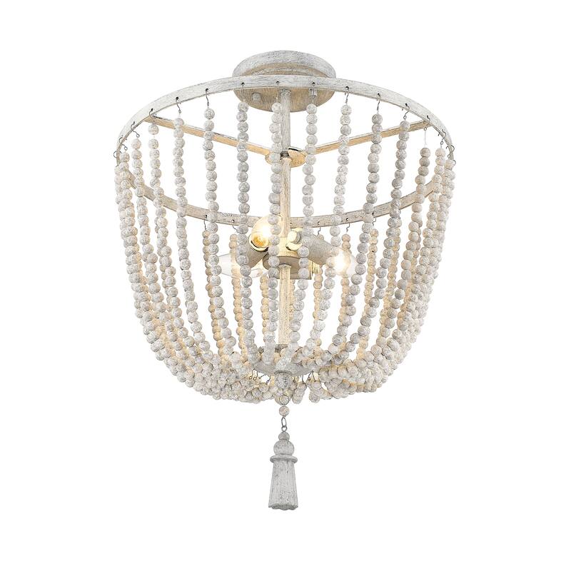 Wood Beaded 3 Lt. Semi Flush Light Fixture WH