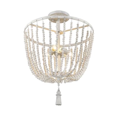 Wood Beaded 3 Lt. Semi Flush Light Fixture WH