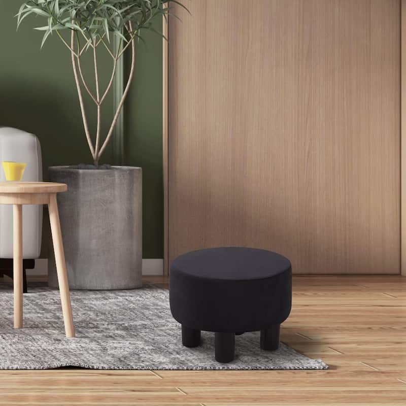 Modern Small Round Linen Ottoman Footstool with Wooden Legs for Bedroom or Living Room