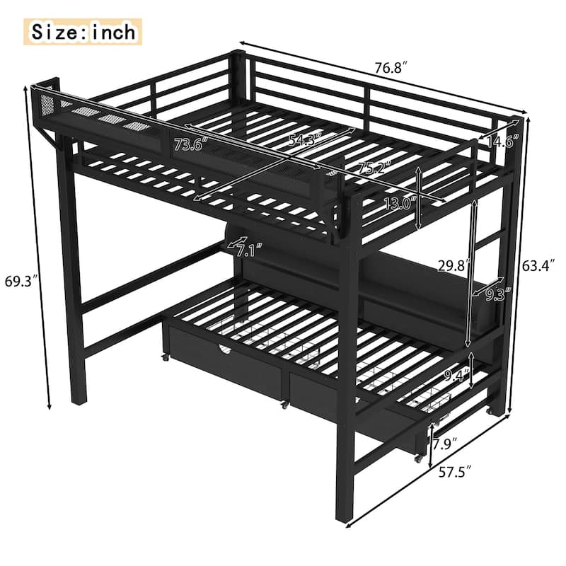 Multifunctional Metal Bunk Beds with USB Ports,Drawers,Shelves and LED Lights